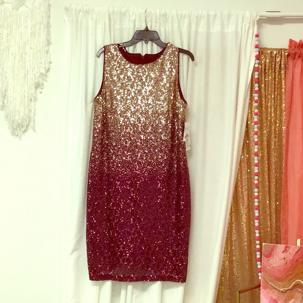 Nwt Leslie Fay garnet and gold sequin dress